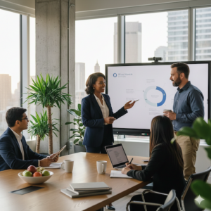 A diverse team of financial advisors in a modern office, representing Blue Haven Advisory’s personalized attention for U.S. expat tax services.